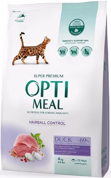 OPTI MEAL Hairball Control – بط للقطط البالغة (4 كغم)