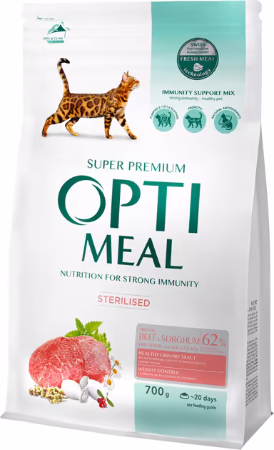 OPTI MEAL Sterilised – لحم البقر والسرغوم للقطط المعقمة (700 غرام)